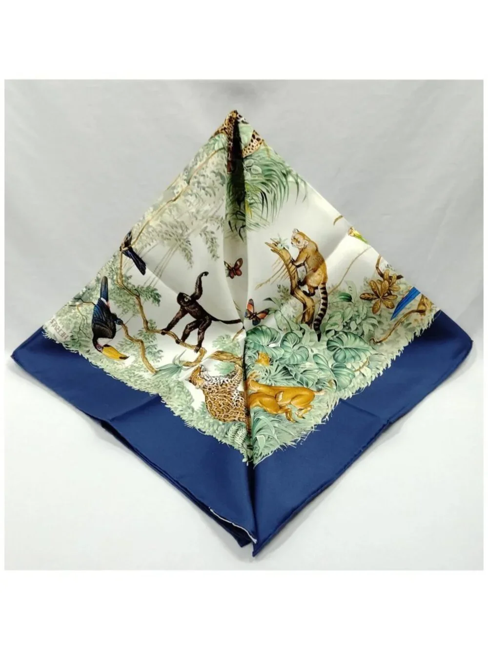 Authentic Hermès Equateur Carré 90 Silk Scarf Blue Jungle Wildlife